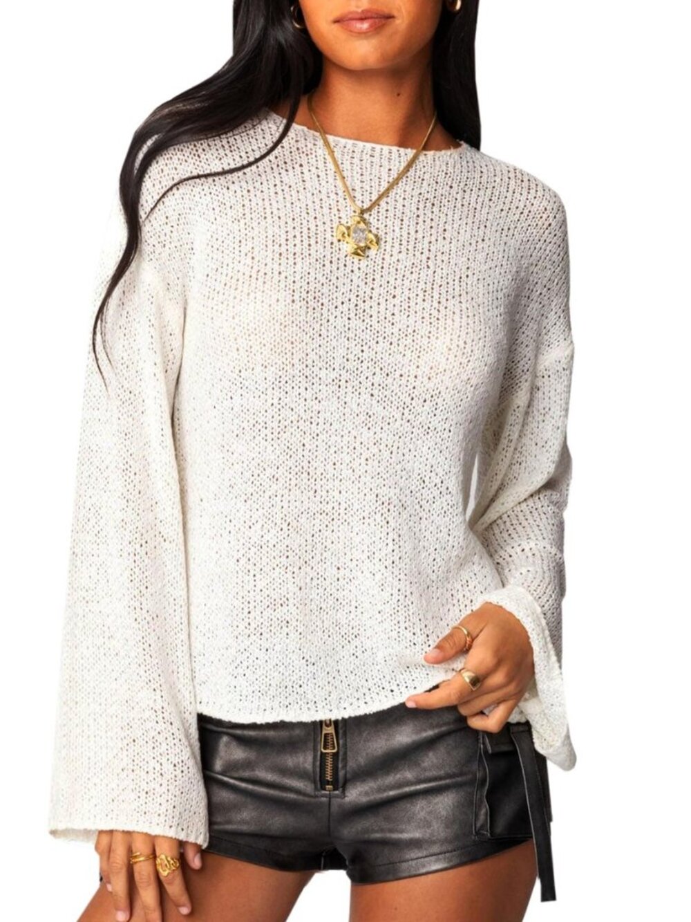 Women Long Sleeve Sheer Knit See Through Lightweight Sweater Top